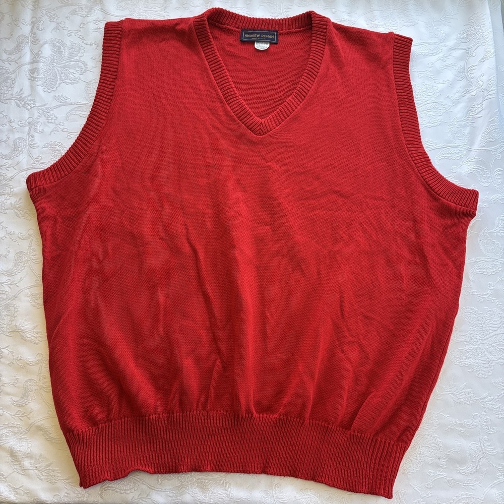 Vtg Andrew Rohan Mens V-neck Ribbed Knit Sweater Vest USA Made‎ 2XL Red